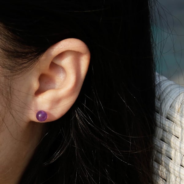 Naturlige Ametyst Øreringe Sterling Sølv - 6mm Ametyst Gemsten Stud Øreringe, Lilla Healing Krystal Øreringe Håndlavet Fødselsstein Smykke Gave