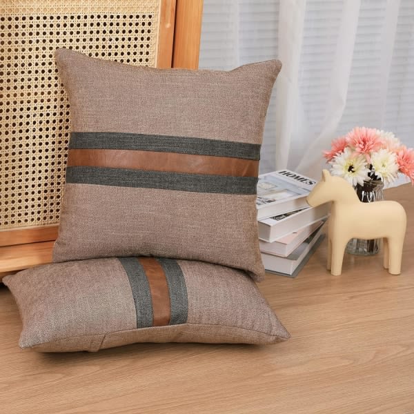 Farmhouse Outdoor Decorative Cushion Cover for Sofa Bed, Brown Faux Leather Pillow Case, Modern Decor, Case 18x18 Inch (Coffee)