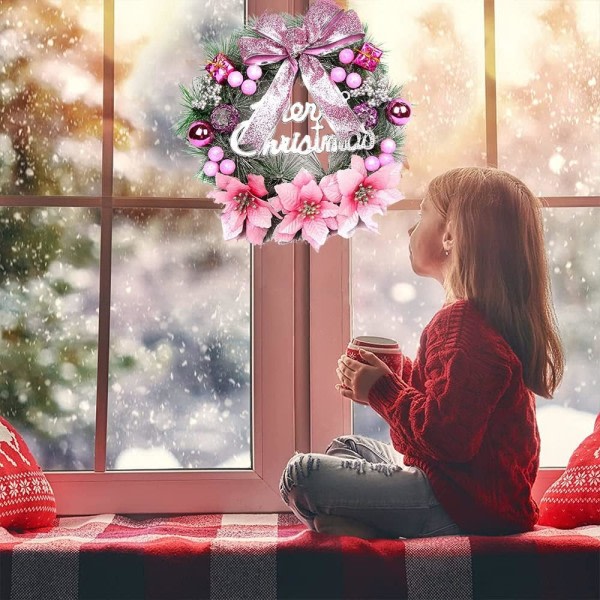 Julekranse til hoveddøren, 40 cm/15,7 tommer kunstig julekranse Vinter julegirlande dekoration med rosetblomster kugle (rosa)