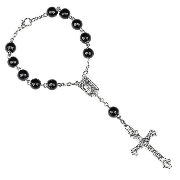 Rosary Beads Catholic, Cross Car Mirror Hängande Tillbehör Kompatibel med Women Blessing Backspegel Pendel Bildekor Interiör (d-s5)-svart