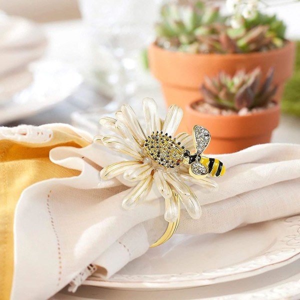 Set med 6 Daisy Sunflower Servettringar, Gold Bee servettringhållare för formell eller casual middag Ta