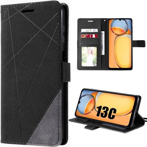 Etui til Xiaomi Redmi 13C, Støtsikkert PU-lær etui med kortlomme og justerbart stativ, Retro Design - Svart