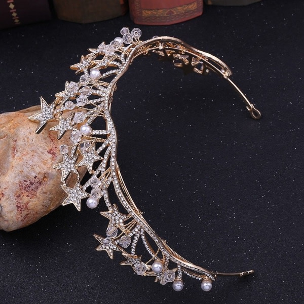 Star Rhinestone Crown Crystal Pearl Hårband GULD guld