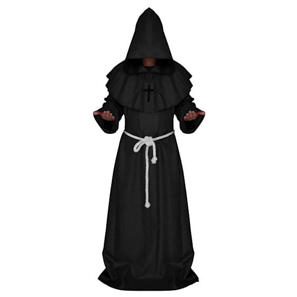 JUSTUP Halloween Cosplay Costume Cloak Suitor Medieval Hood Monk Renaissance Priest Robe Costume Cosplay（Black，Size L）