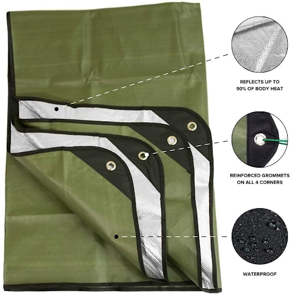 Tålig Överlevnadsfilt – Isolerad Termisk Reflekterande Presenning - 60\" x 82\". Allväder, Återanvändbar Nödblanket för Bil eller Camping (Olivolja)