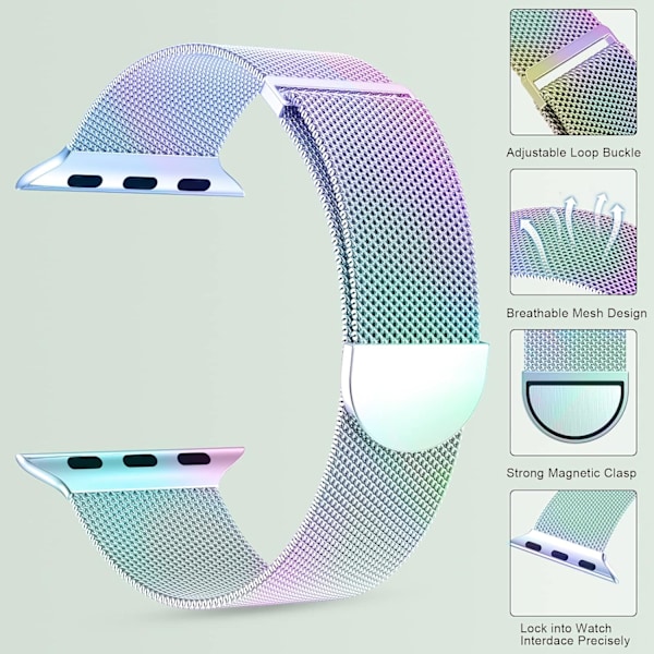 Dame- og herremesh i rustfritt stål med magnetisk spenne, erstatning for iWatch-reimer (45 mm/44 mm/42 mm/49 mm, regnbue).