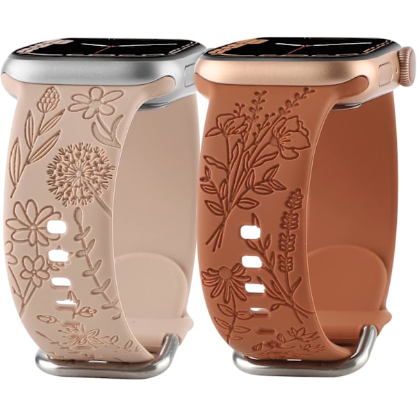 Blomstergravert silikonband kompatibel med Apple Watch Valnöt Brun Brun Walnut Brown Brown 38/40/41mm