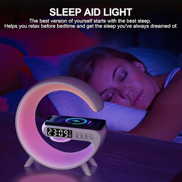 Promotion Sunset Alarm Clock med Bluetooth Højttaler, Trådløs Oplader, RGB Farveskift, Stemningsbelysning til Soveværelse (Hvid)