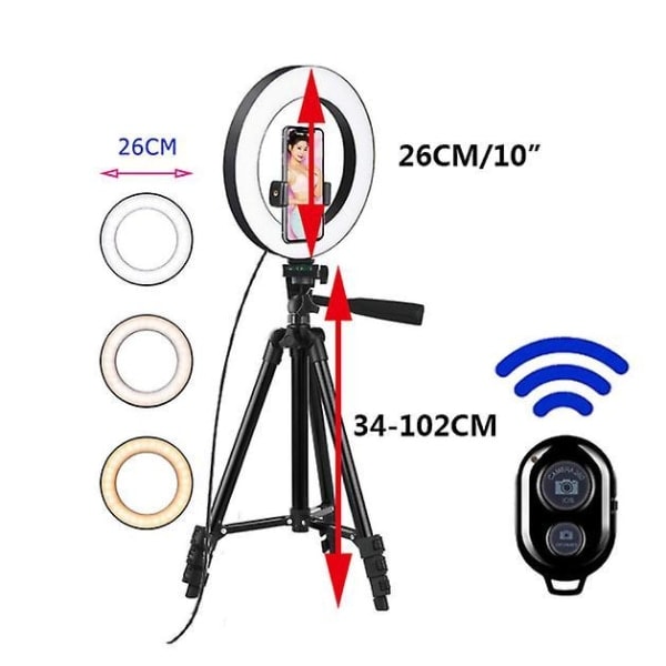 26cm Foto Ringlight Led Selfie Ring Light Telefon Fjärrkontroll Lampa Fotografering Belysning Svart