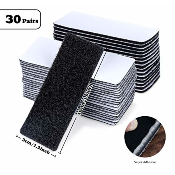 Dobbeltsidet velcro 3 x 10 cm, 30 par industriel kraftig velcro - Sort ekstra stærk selvklæbende rektangel til alle