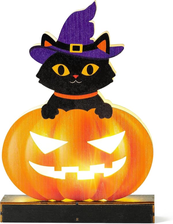 Træ Halloween Bordpynt, Indendørs Græskarlys, Jack O Lanterns Lys Midtpunkt, Udendørs Sort Kat Sidder på Græskar