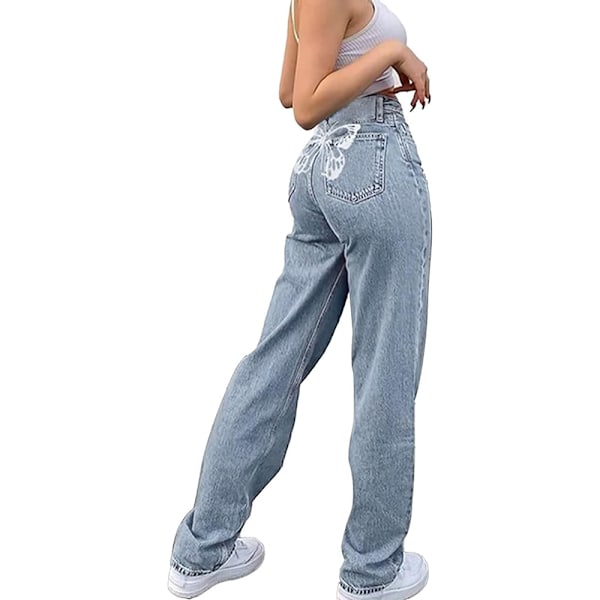 Hög midja Boyfriend Jeans för kvinnor 90-tal Y2K Fjärilstryck Bred Rak Ben Blå Byxor Jeans (XXL)