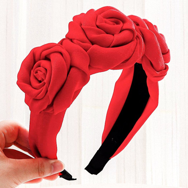 Röd Rosblommig Huvudband, Hårsnodd, Turban, Breda Hårband, Vintage Hårband för Kvinnor