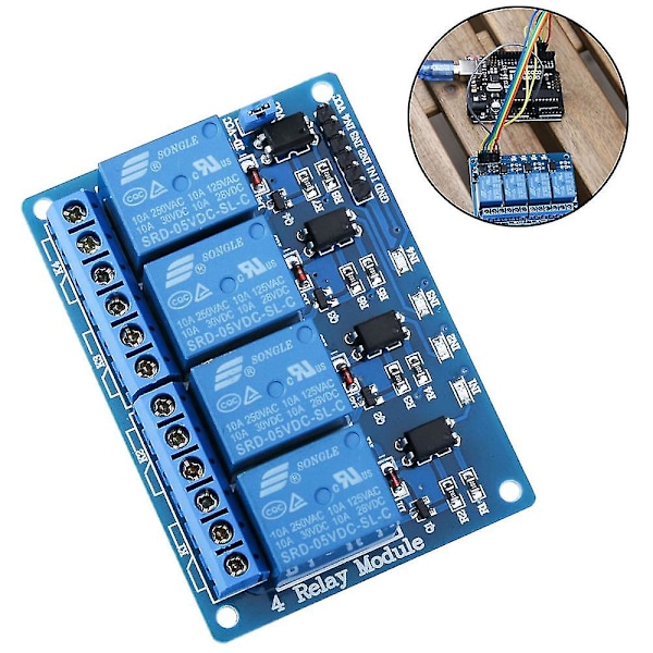 1 stk 4-kanals 5V relémodul med optokopplerisolering, lavt nivå