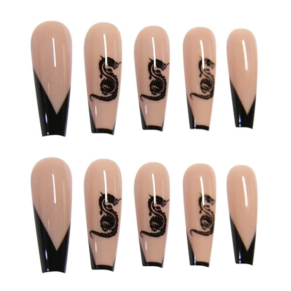 24st Press on Nails Långa lösnaglar Akrylnaglar Balett Franska svarta naglar med drakdesign Nail art för kvinnor och flickor