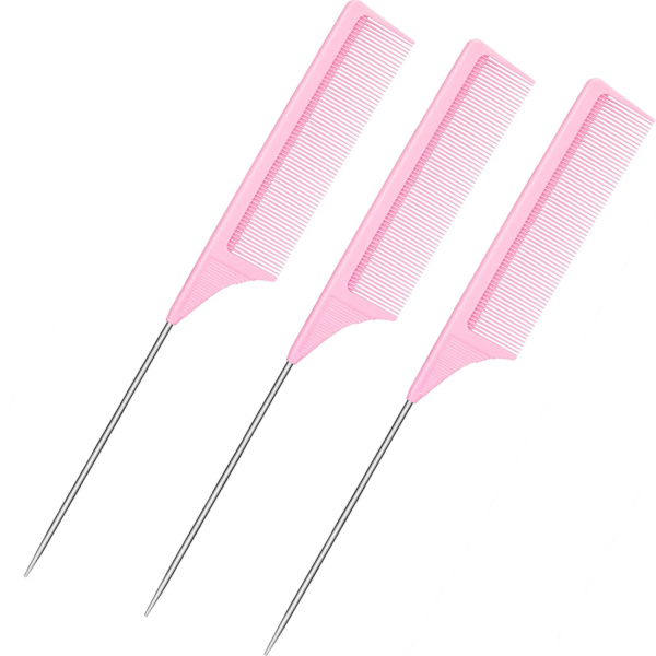 3-pack Rat Tail Kammar i Stål med Kolfiber, Värmebeständig, för Tussning (Rosa)