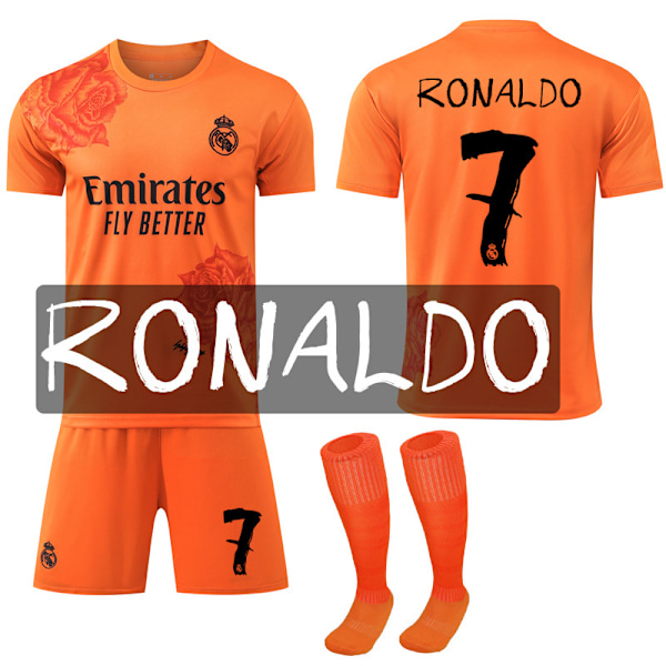 2024 Real Madrid Y3 Co-Branded Special Edition Rose Pattern Soccer Jersey Orange Kids Soccer Kit No.7 Ronaldo No. 7 Ronaldo 28