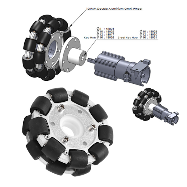 100mm dobbelt aluminium omni-retningshjul, der kan bære 30 kg til platformrobotkit 14054