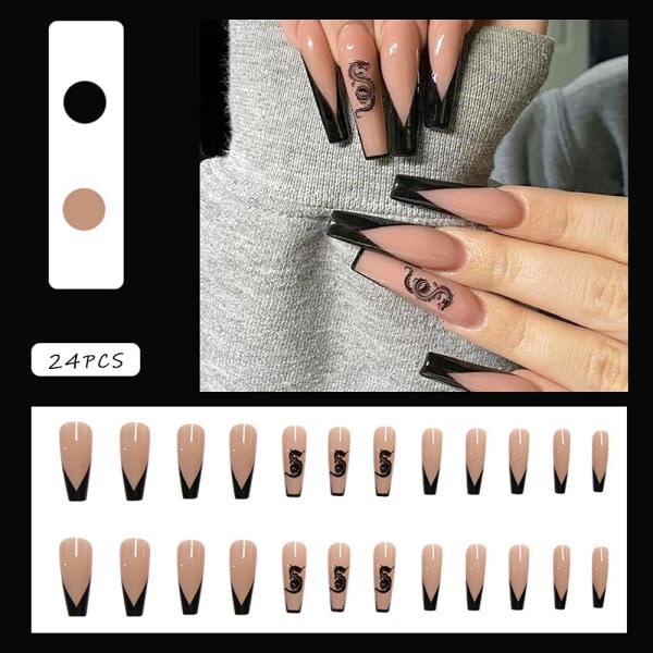 24 st tryck på naglar långa falska naglar akrylnaglar balett franska svarta naglar med drakdesign nagelkonsttips för kvinnor och flickor