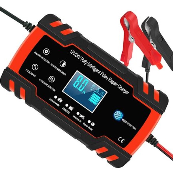 8A 12V/24V Smart Bil- og Motorcykel Batterioplader, Bilbatterioplader Vedligeholdelsesenhed, 3-trins Batterioplader og Automatisk Reparationsfunktion.