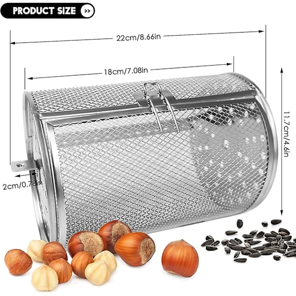 Roterende kurv i rustfrit stål, grillristtromle, ovnkurv airfryer 360 roterende til jordnødder kaffebønner 12x18cm