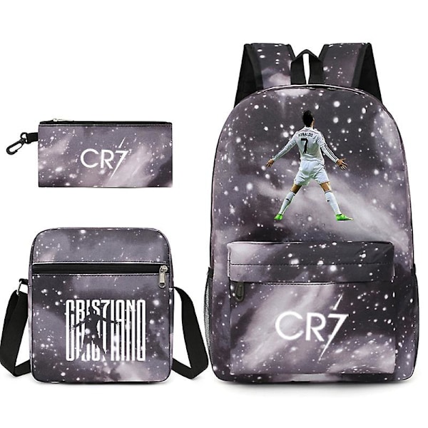 Jalkapallotähti C Ronaldo Cr7 -reppu painetulla kuviolla ympäri, kolmiosainen reppu. Tähtiharmaa 1 Tähtiharmaa harmaa 1 Starry gray gray 1 Backpack pencil case