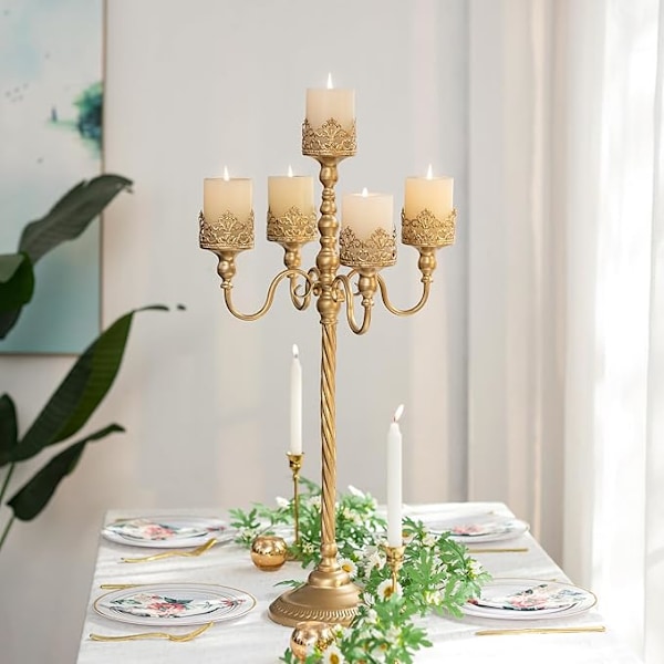 Lysestake for bryllup med 3 lys, gull lysestaker for bordpynt, høy metallblomsterlysestake, lysestake