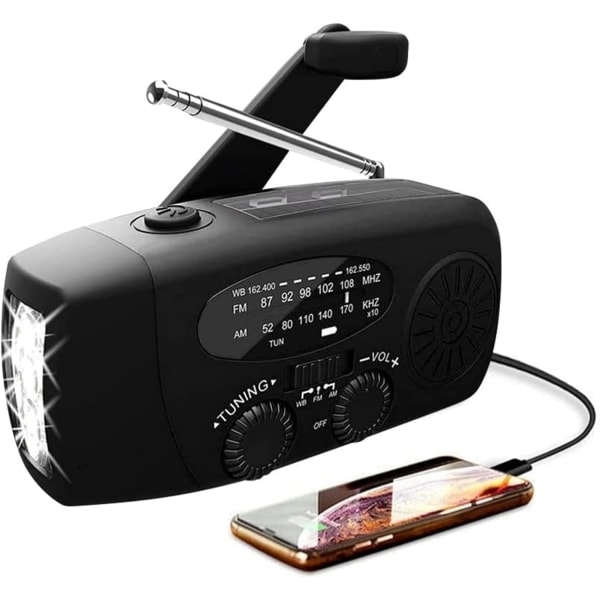 Crank radio with solar cells and flashlight - 2000mAh Powerbank - Black Black