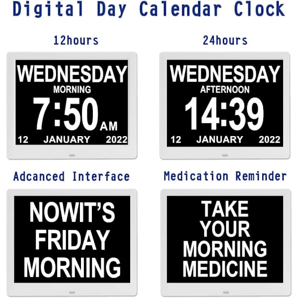 Digital kalenderdag, stor skjerm dag dato, tid, 8 alarmer demens klokke for seniorer nedsatt syn hukommelsestap, 3 medisinpåminnelser 9\" Mini