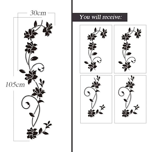 2 set Väggdekaler 105*30cm Vinstockar Blomma Svart PVC Design Vägg S