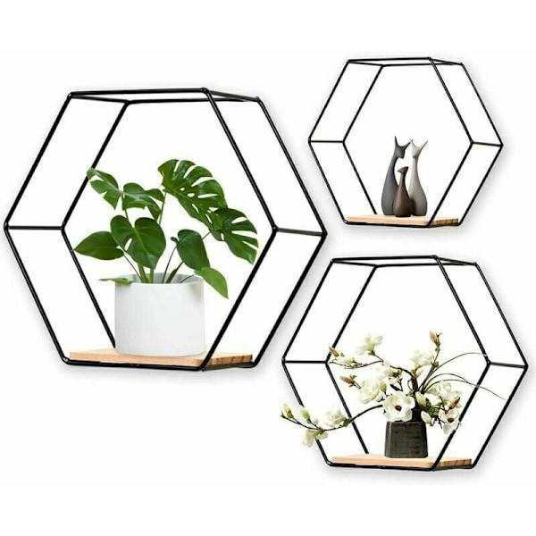 Vägghylla, set med 3 hexagonala hyllor i metall och trä, för kök, badrum, sovrum, väggdekoration (svart)