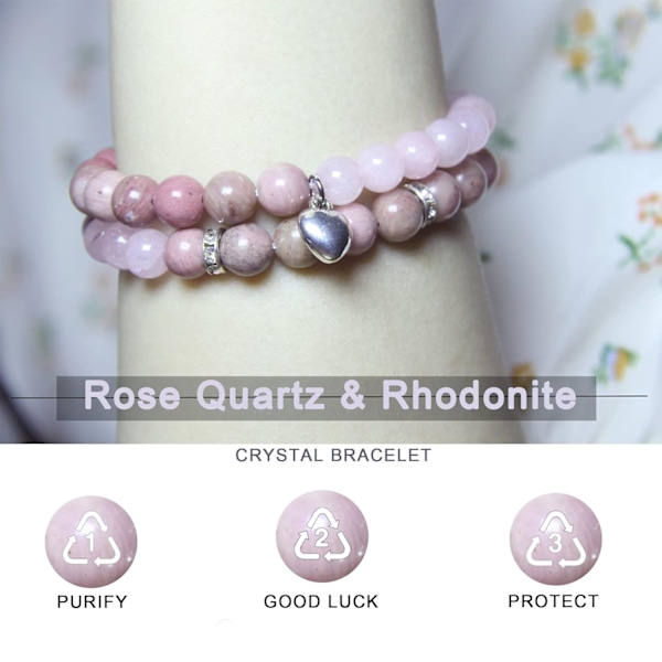 Helbredende Armbånd til Kvinder - Rosakvarts og Rhodonit Armbånd - Helbredende Bøn Krystal Armbånd, 8mm Naturlige Ædelsten Anti-Angst Stressaflastning