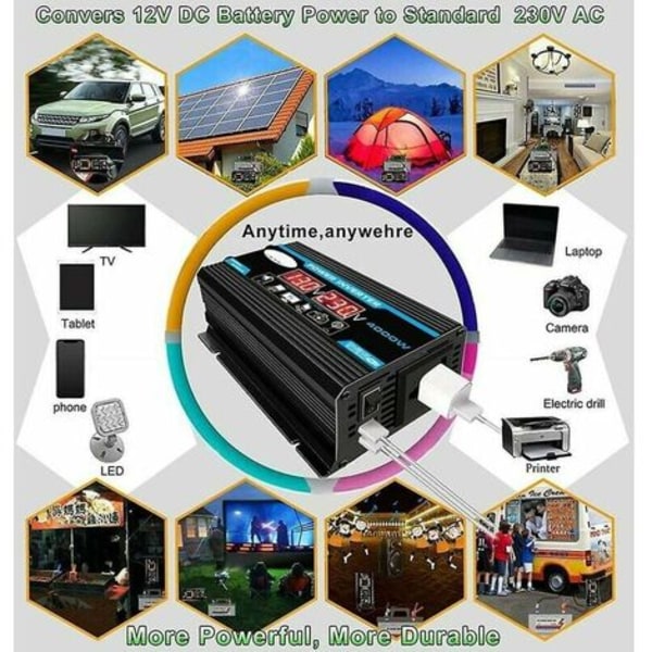 4000W Ren Sinusbølge Inverter 12V 220V Sinusbølge Inverter Transformer med Trådløs Fjernbetjening LED Display 2 USB Porte til Bil Camping Rejse