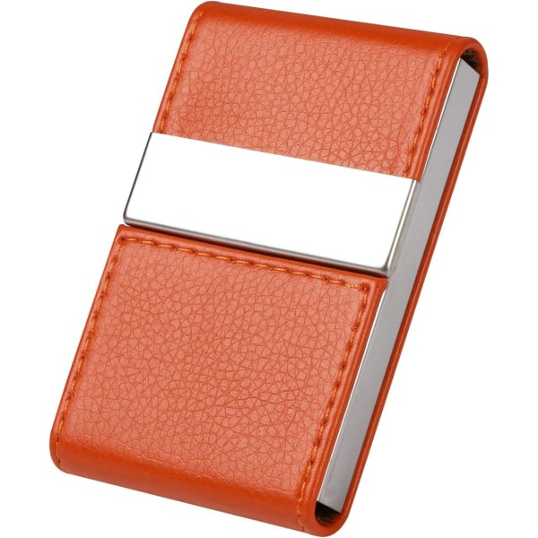 Visitkortholder | Kreditkortholder i PU-læder, smal ID-etui i rustfrit stål til mænd/kvinder | Dobbelt åbent magnetisk spænde (orange)