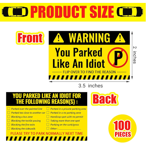 100 stk. \"Dårlig Parkering\"-kort Du Parkerte Som En Idiot-kort 8,9 x 5,1 cm \"Dårlig Parkering\"-klistremerker Morsom Parkeringsbot