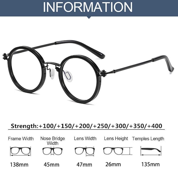 Sinivalolasit Pyöreät Mustat LUKULASIT VAHVUUS Musta【HY】 Black Strength 150