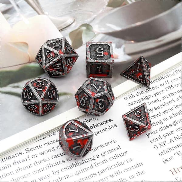 Blodflekket Metall DND Terning Sett Blodflekket Terning D&D Polyhedral RPG Terninger (Antikk Jern Rød){h}