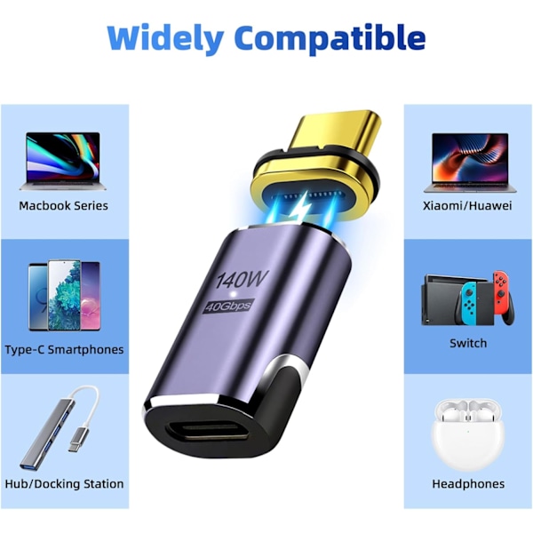 st USB-C Magnetisk Adapter, PD 140W, 40 Gbps Dataöverföring, Magnetisk USB-C Adapter, Typ C Magnetisk Kontakt för Laptop Telefon HDTV