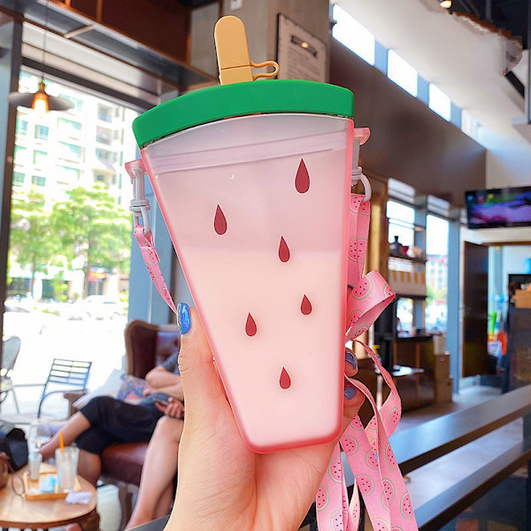 Summer watermelon cup outdoor with strap portable anti-fall straw cup red 320ml