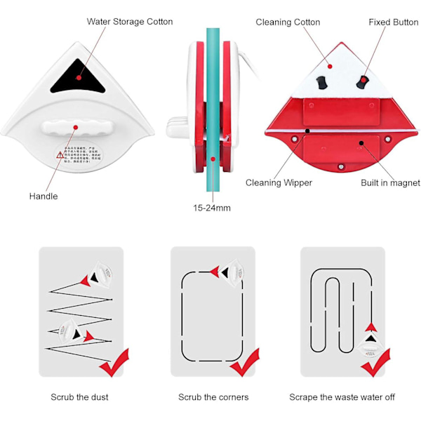 Magnetisk vindusvasker for 15-24 mm dobbeltvindu med sterkt magnetisk ergonomisk håndtak Design-rød