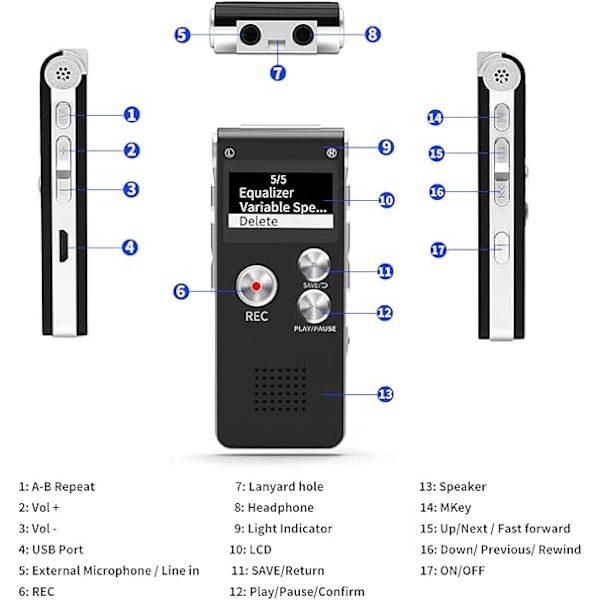 16 GB digital diktafon (stemmeopptaker), oppladbar USB og 30