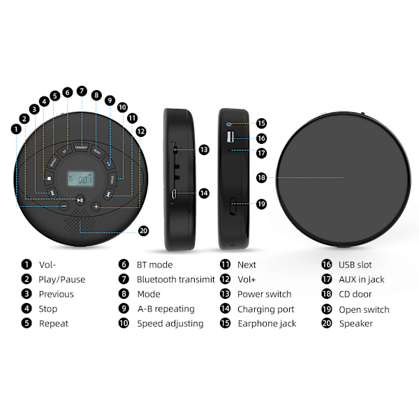 Bärbar CD-spelare med stereohögtalare, för familjen, uppladdningsbar CD-spelare bärbar med 2000mAh batteri, Anti-Skip Walkman CD-spelare för bil (svart)