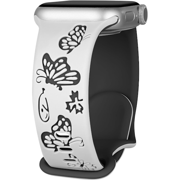 Blommig graverad rem för Apple Watch-remmar Damklocka Armband Silikon Blomfjäril Sportband för Apple Watch Series Vit Svart White Black 42/44/45mm