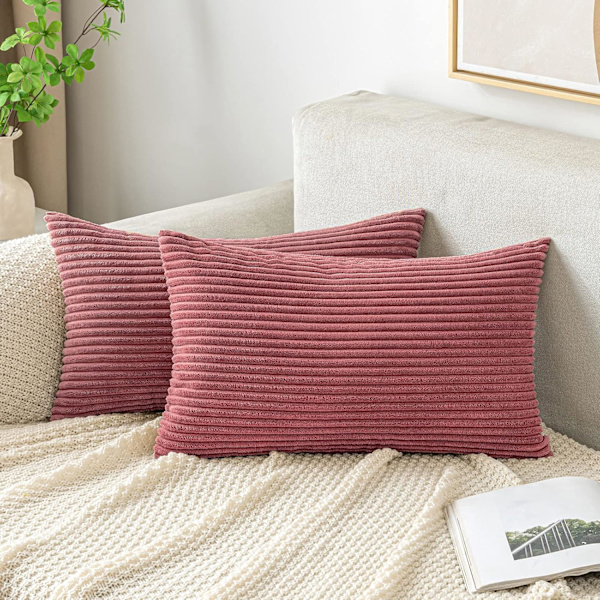 Kuddfodral i corduroy, avlångt, dekorativt kuddfodral, randigt, mjukt, bluff hem för soffa sovrum 30X50cm pink