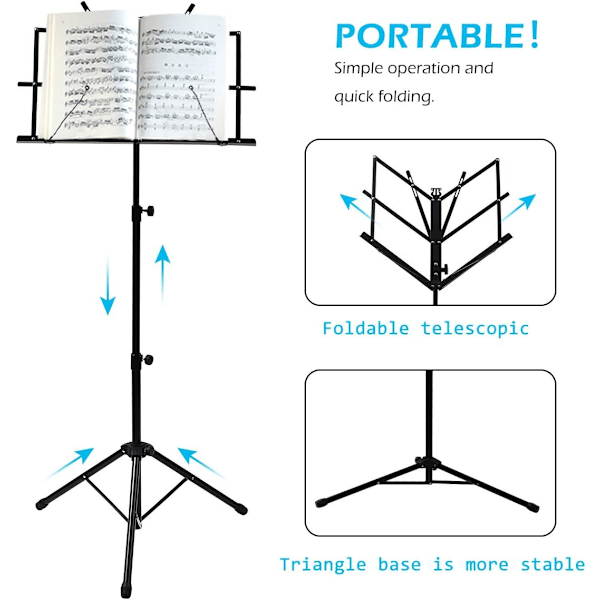 Höjdjusterbart notställ, bärbart hopfällbart metallstativ med väska, lätt att förvara eller resa, svart