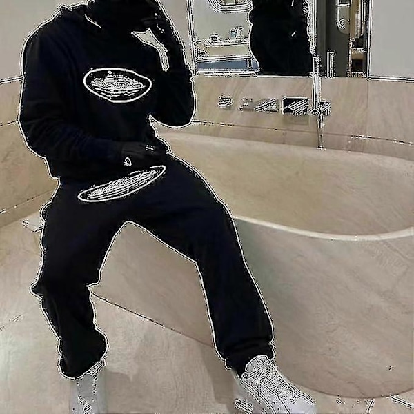 Corteiz Träningsset för män, 2-delat lättvikts-tracksuit för hösten_x67 Svart Black S