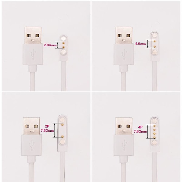 1 stk. Universell Smartklokke Ladekabel, Magnetisk Ladekabel 2 Pin 4 Pins USB-lader for Smartklokke 7,62 mm 2,84 mm 4 mm 2.84mm size 2pin