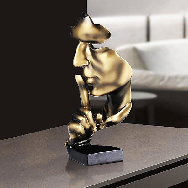 Håndlaget Silence Is Gold Thinker-statue, kunstverk moderne og enkle hartsgjenstander, skrivebord abstrakt statuette skulpturer for inngangsparti, kreativt rom hjemme