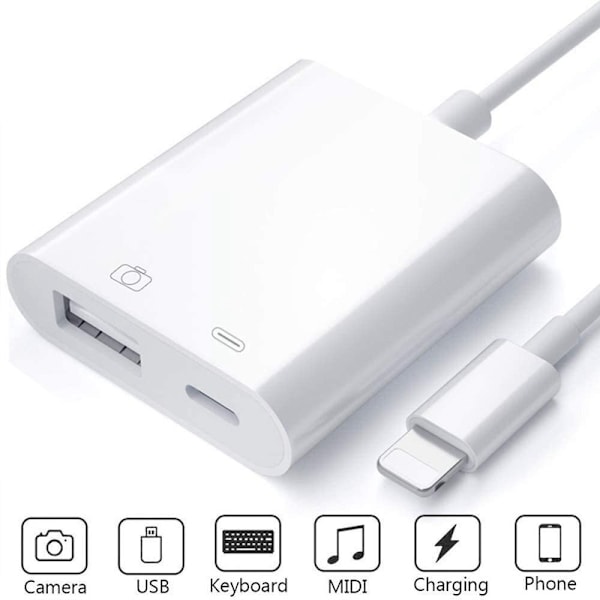 Saliop USB-adapter för iPhone/iPad, USB OTG-adapter och laddningsport 2 i 1, kameraadapter som stöder ljud/MIDI-gränssnitt och kortläsare