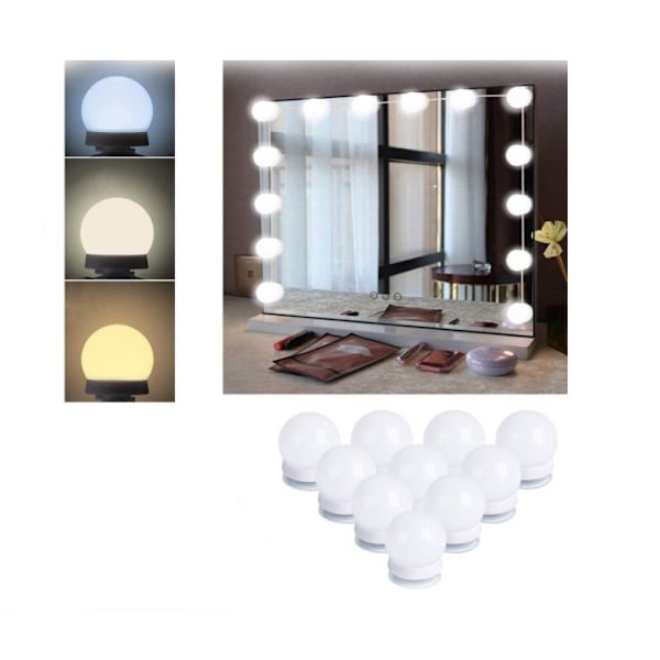 LED-speil med USB sminkebelysning (kun lys), 10 lys, 3 lysmoduser C